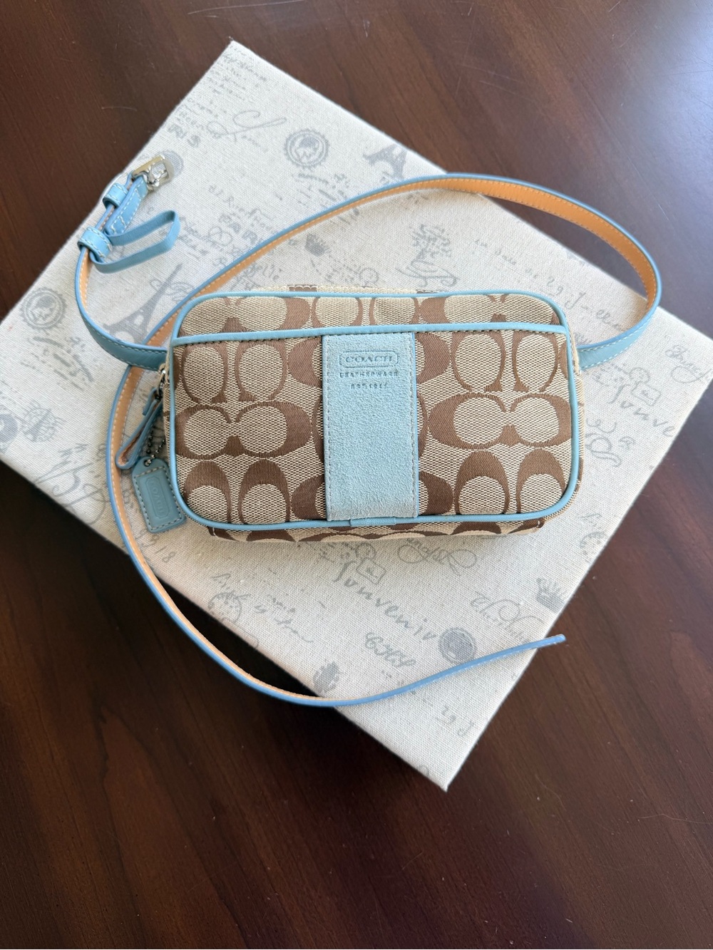 Vintage Coach Signature Canvas Waist Pouch Belt Bag Fanny Pack Khaki/Light Blue